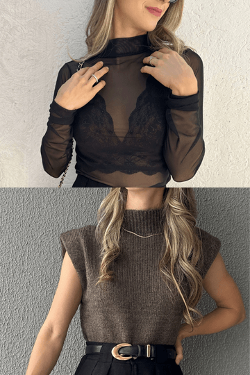 Kit Colete Tricot Marrom Avelã e Body de Tule Iris