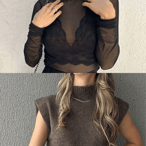 Kit Colete Tricot Marrom Avelã e Body de Tule Iris