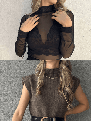 Kit Colete Tricot Marrom Avelã e Body de Tule Iris