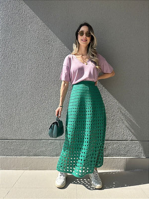 Saia tricot midi vazado evasê verde Samambaia