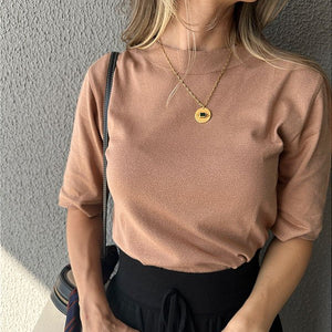 Blusa em tricot com manga curta linha basic bege Maçã