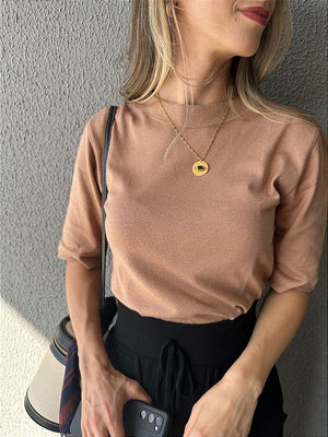 Blusa em tricot com manga curta linha basic bege Maçã