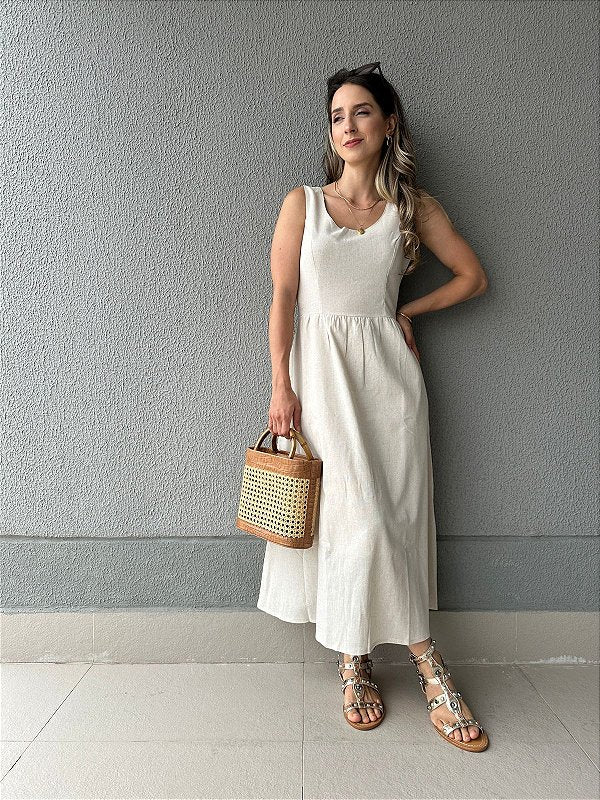 Vestido curto viscolinho saia ampla com bolsos cru Graviola