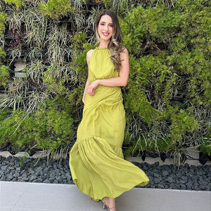 Vestido longo fluido com elastico na cintura verde Melão