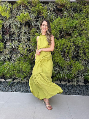 Vestido longo fluido com elastico na cintura verde Melão