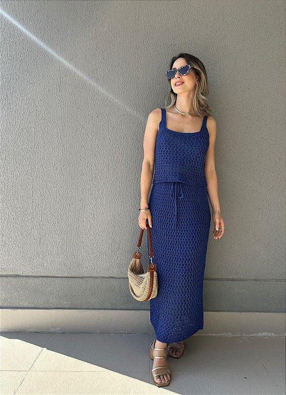 Conjunto de tricot com saia midi e regata azul Pitanga