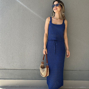 Conjunto de tricot com saia midi e regata azul Pitanga