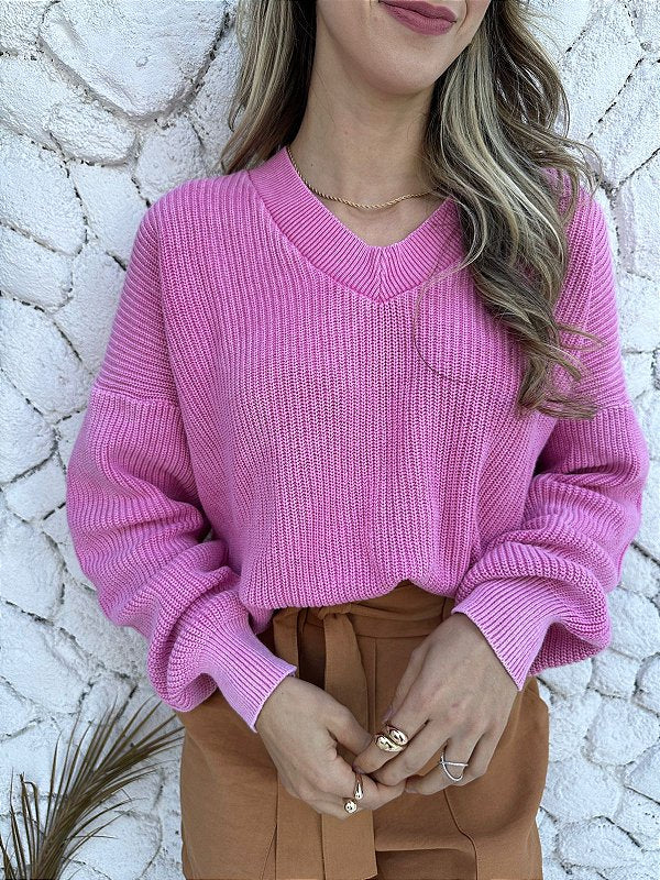 Blusa tricot oversized 100% algodão decote V estonada Rosa