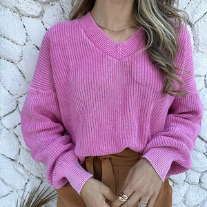 Blusa tricot oversized 100% algodão decote V estonada Rosa