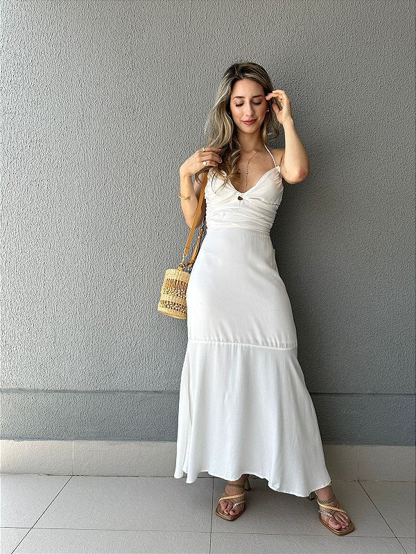 Vestido frente única midi com elástico nas costas off white Avelã