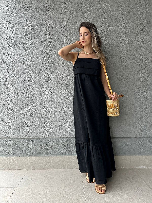 Vestido longo viscolinho de alça decote com camadas preto Jabuticaba