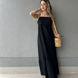 Vestido longo viscolinho de alça decote com camadas preto Jabuticaba