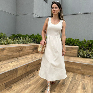 Vestido curto viscolinho saia ampla com bolsos cru Graviola