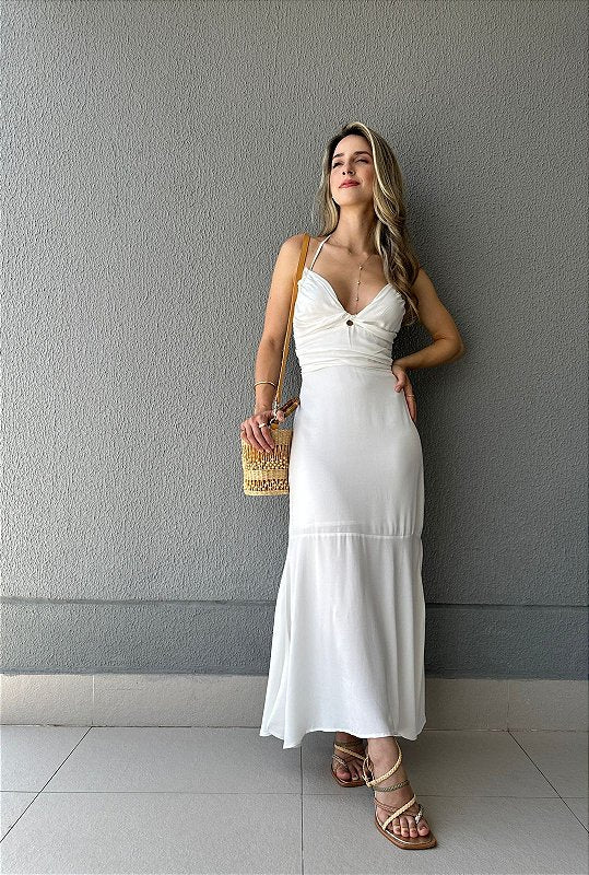 Vestido frente única midi com elástico nas costas off white Avelã