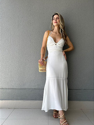 Vestido frente única midi com elástico nas costas off white Avelã