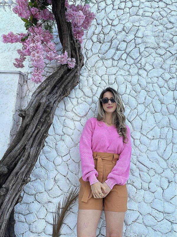 Blusa tricot oversized 100% algodão decote V estonada Rosa