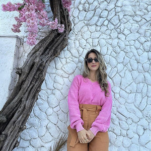 Blusa tricot oversized 100% algodão decote V estonada Rosa