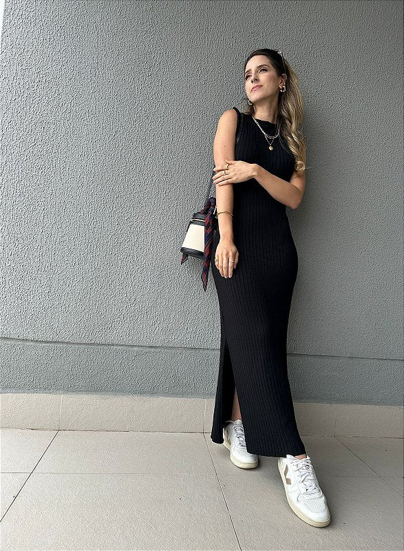 Vestido de tricot canelado com fenda preto Mangostim