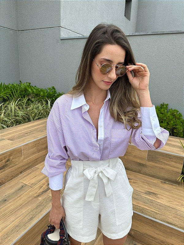 Camisa oversized listrada branco lilás Alamanda