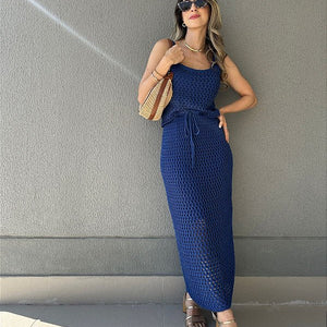 Conjunto de tricot com saia midi e regata azul Pitanga