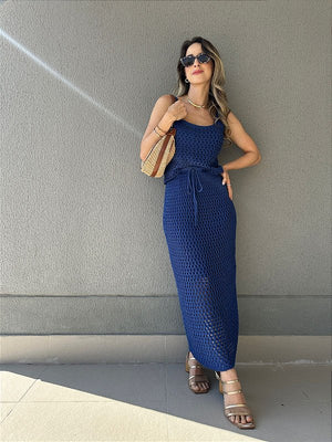 Conjunto de tricot com saia midi e regata azul Pitanga