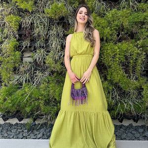 Vestido longo fluido com elastico na cintura verde Melão