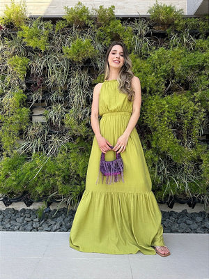 Vestido longo fluido com elastico na cintura verde Melão