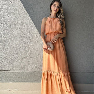 Vestido longo fluido com elastico na cintura coral Melão