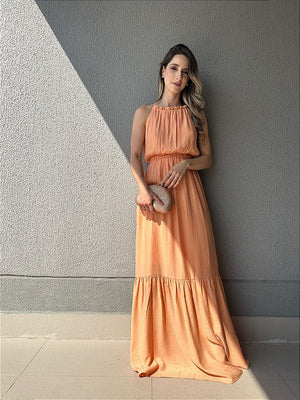 Vestido longo fluido com elastico na cintura coral Melão