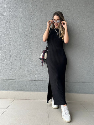 Vestido de tricot canelado com fenda preto Mangostim