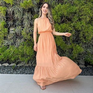 Vestido longo fluido com elastico na cintura coral Melão