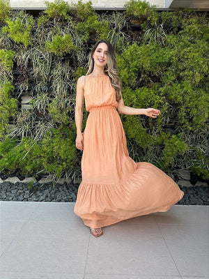 Vestido longo fluido com elastico na cintura coral Melão