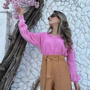 Blusa tricot oversized 100% algodão decote V estonada Rosa