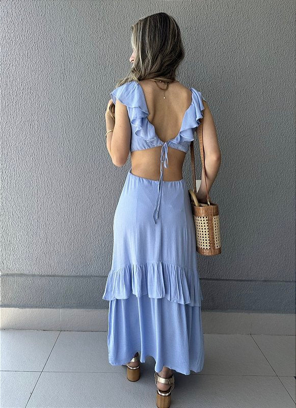 Vestido fluido com babados e amarração nas costas azul Begônia