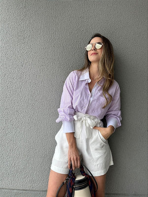 Camisa oversized listrada branco lilás Alamanda