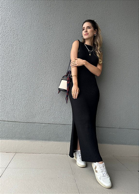 Vestido de tricot canelado com fenda preto Mangostim