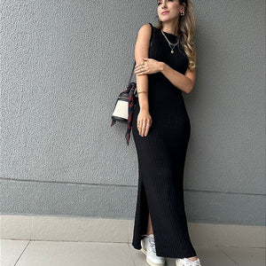 Vestido de tricot canelado com fenda preto Mangostim