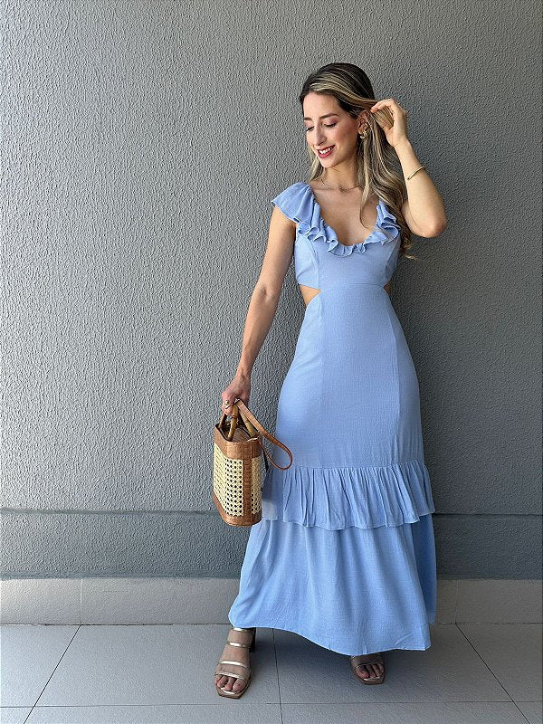 Vestido fluido com babados e amarração nas costas azul Begônia