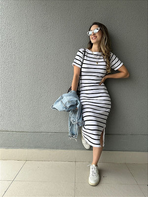 Vestido de tricot midi branco com listras pretas Dália