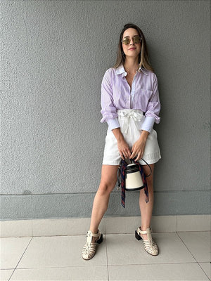 Camisa oversized listrada branco lilás Alamanda