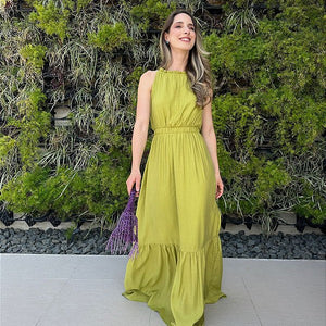 Vestido longo fluido com elastico na cintura verde Melão