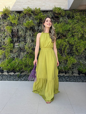 Vestido longo fluido com elastico na cintura verde Melão