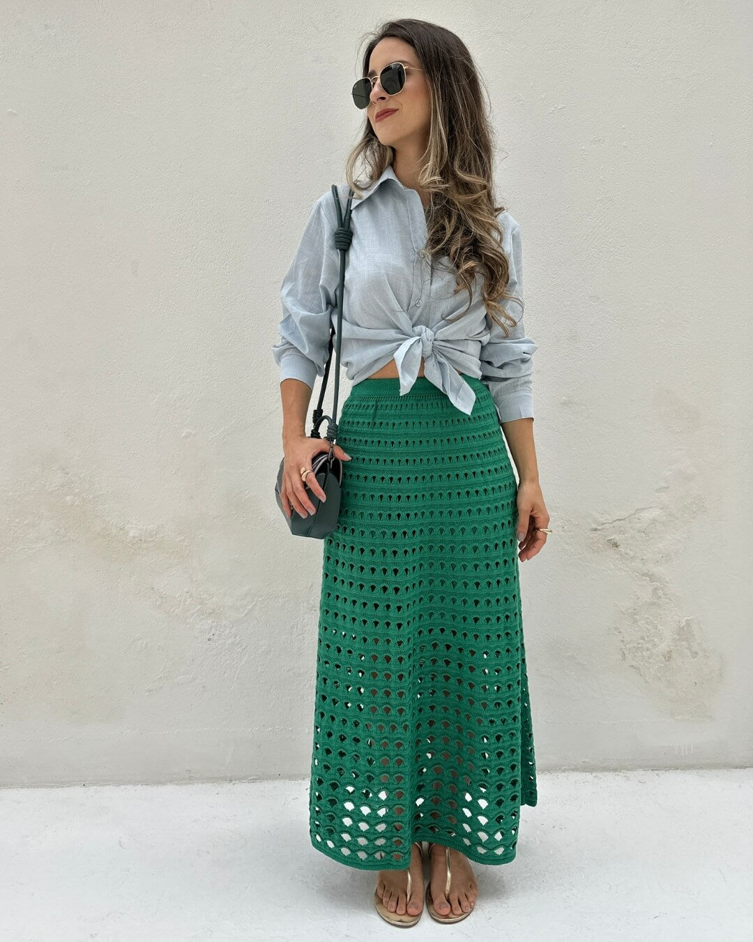 Saia tricot midi vazado evasê verde Samambaia