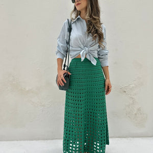 Saia tricot midi vazado evasê verde Samambaia