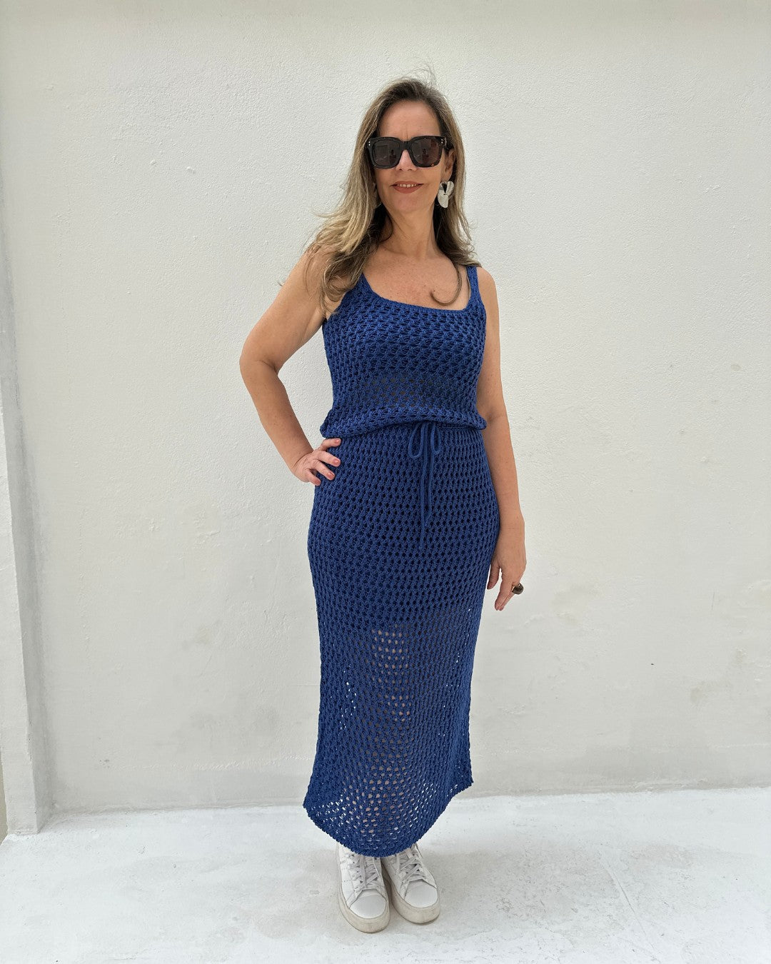 Conjunto de tricot com saia midi e regata azul Pitanga