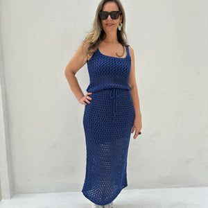 Conjunto de tricot com saia midi e regata azul Pitanga