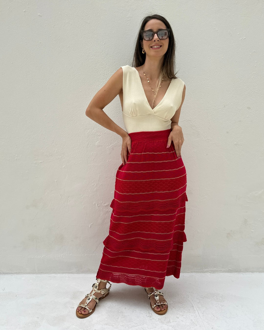 Saia Midi com Camadas Vermelha com Rosa e Lurex Melancia