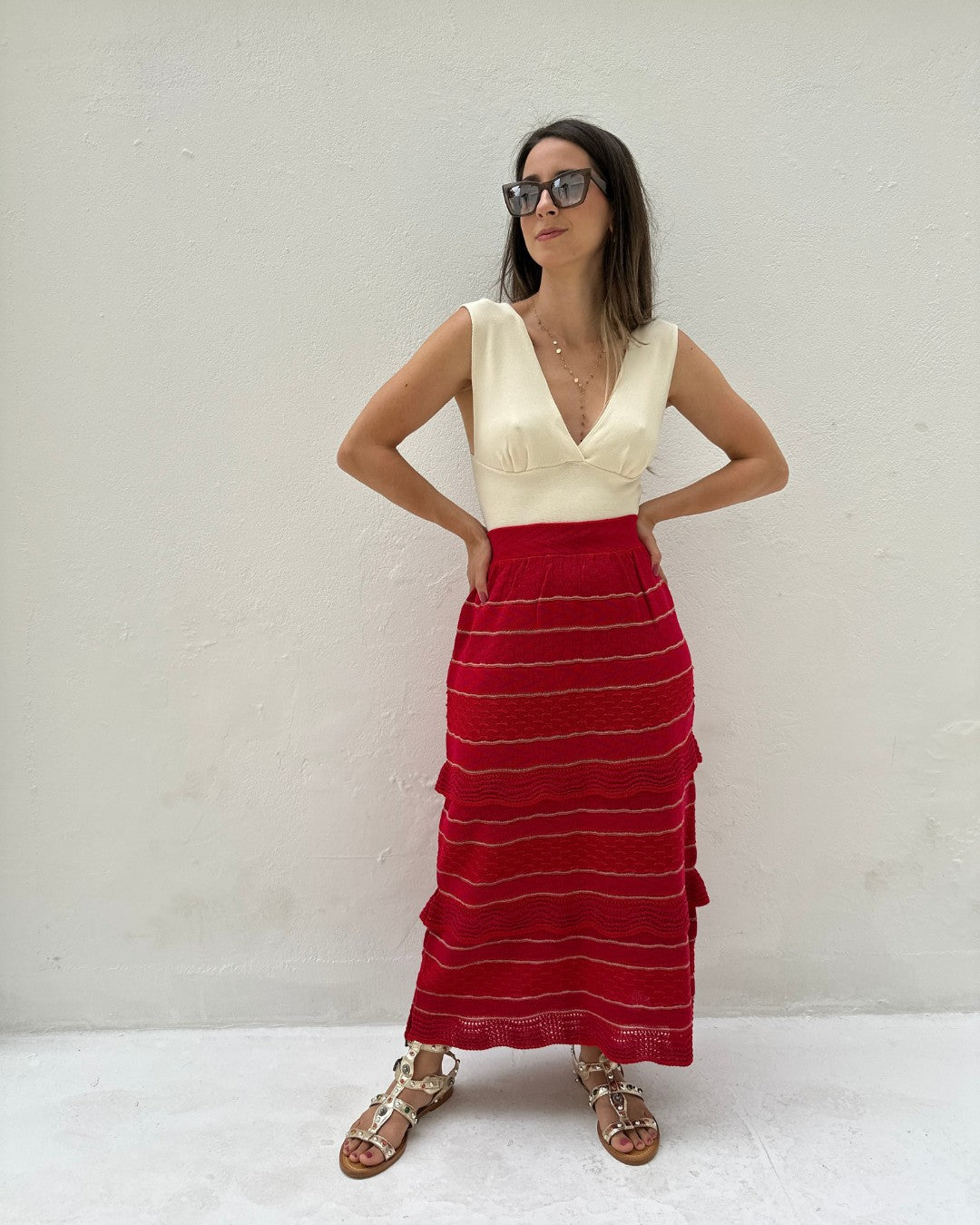 Saia Midi com Camadas Vermelha com Rosa e Lurex Melancia