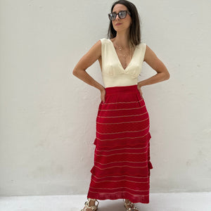 Saia Midi com Camadas Vermelha com Rosa e Lurex Melancia